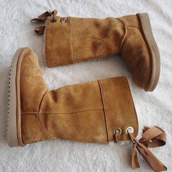 Koolaburra by Ugg Tan Suede‎ Andrah 1105791 Tall Bow Fur Lined High Boot Women 6 - Picture 1 of 8